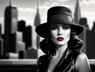 A woman wearing a black leather jacket and a fedora hat standing on a rooftop with a city skyline in the background. - Powered by Adobe
