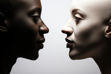 Two women face profile on white background