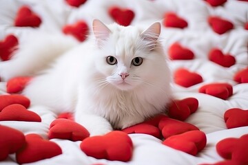 White cat on bed with red hearts