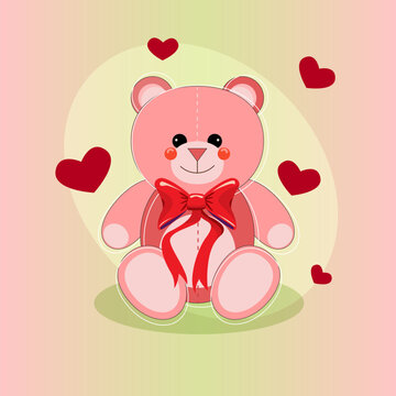 A pink teddy bear with a red bow sits on a pink background with hearts around it.