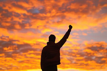 Back view of man with raised hands standing on the top of mountain hike over red sunset sky. Male is looking forward on a peak. Concept of leadership successful achievement with goal, growth up, win