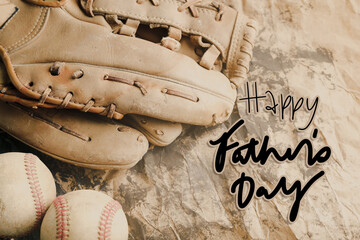 Happy Father's Day baseball equipment background for holiday celebration.