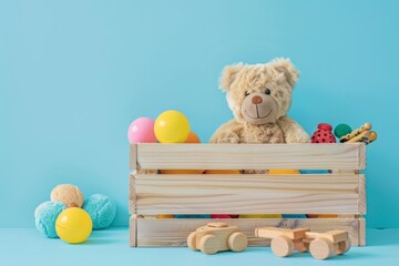 Baby kid toy box with teddy bear and educational wooden toys on light blue background