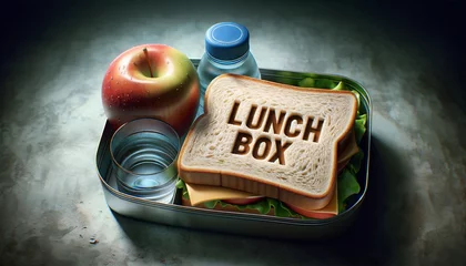 Poster lunch box with sandwich, apple and water © M.studio