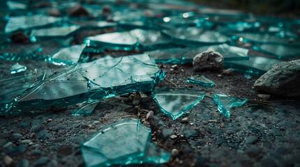Broken glass on the ground of different size and shape. car crash or burglary