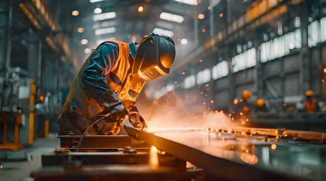 A welder in protective gear is performing welding work with sparks flying in an industrial setting. Industrial Welder at Work in a Manufacturing