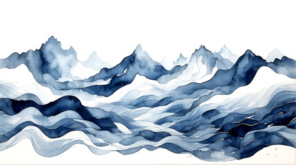 Abstract indigo light blue watercolour waves mountains on white background