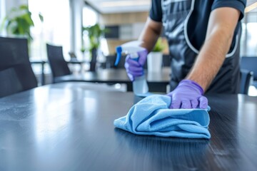 Cleaning staff maintaining hygiene in company office by wiping tables with disinfectant - obrazy, fototapety, plakaty