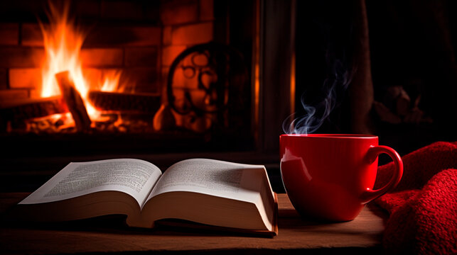 cup of hot drink in front of fireplace