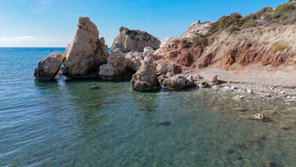Aerial pictures made with a dji mini 4 pro drone over Aphrodite’s Rock, in Cyprus.
