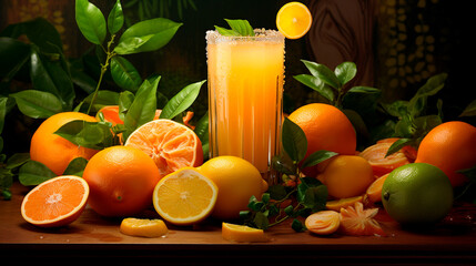 orange juice in glass and fruits