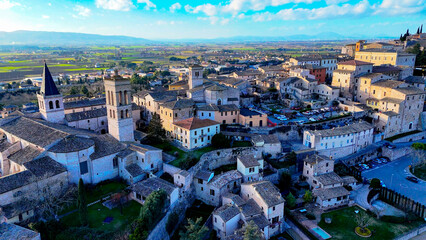 Aerial pictures made with a dji mini 4 pro drone over Spello, in Umbria, Italy. - obrazy, fototapety, plakaty