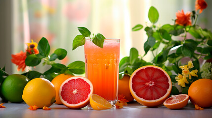 orange juice in glass and fruits
