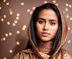 A woman wearing a gold hooded cloak with her hair tied back in a ponytail.