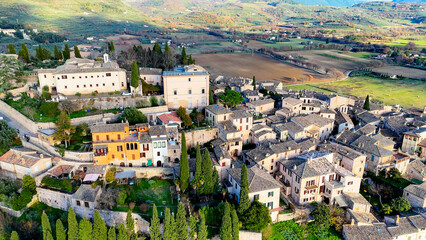 Aerial pictures made with a dji mini 4 pro drone over Spello, in Umbria, Italy. - obrazy, fototapety, plakaty