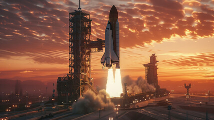 Space Shuttle Launch at Twilight, Rocket Ignition and Smoke Against Sunset Sky - obrazy, fototapety, plakaty