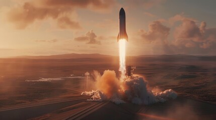 Sleek Rocket Launch on Remote Plains at Sunrise, Space Exploration and Travel Theme - obrazy, fototapety, plakaty