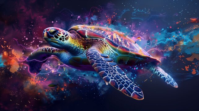 Watercolor illustration of big sea turtle on dark blue or black background. Hand painted illustration. World Turtle Day, turtle protection concept. Postcard, print for kids.