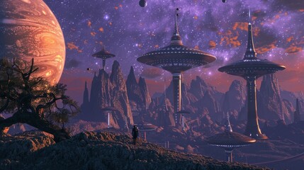 Fantasy Alien Landscape with Futuristic Architecture and Giant Planet