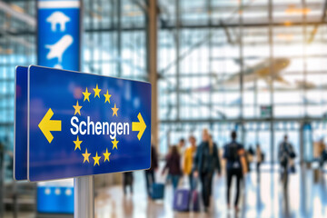 Busy Airport Terminal with Schengen Sign, European Travel Concept with Copy Space