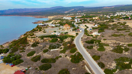 Aerial pictures made with a dji mini 4 pro drone over Agios Georgios Chapel & Yeronissos Island