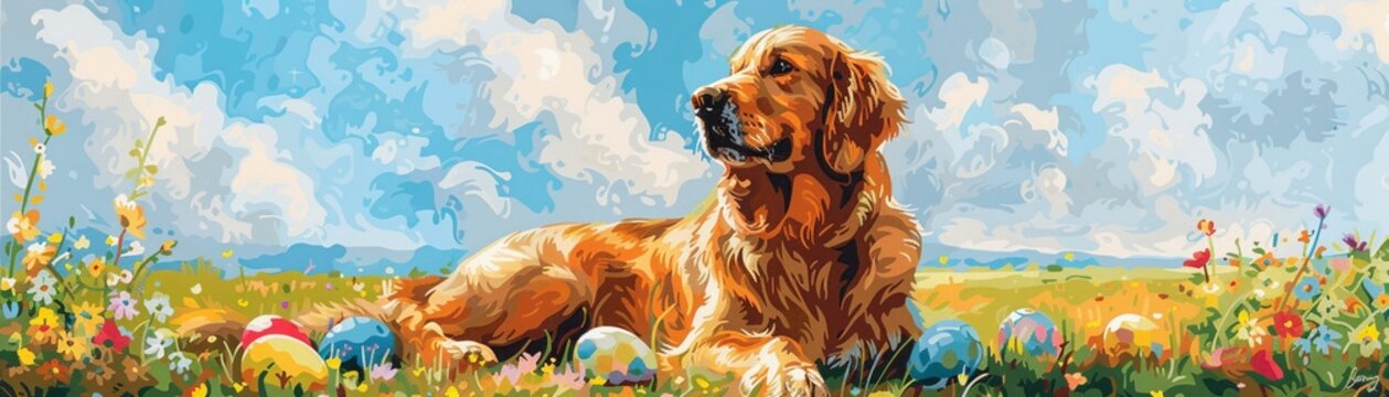 Colorful Easter scene with a Golden Retriever, niji eggs, and watercolor spring blooms under a sunny sky
