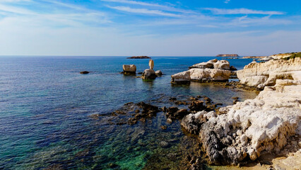 Aerial pictures made with a dji mini 4 pro drone over Peyia Sea Caves, in Cyprus.