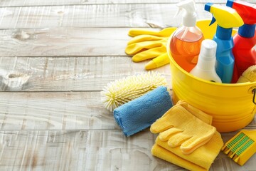 Cleaning supplies and tools on white background and wooden floor for service advertisement - obrazy, fototapety, plakaty