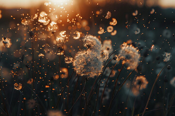 Meadow with dandelions at sunset - obrazy, fototapety, plakaty