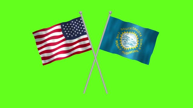 Flag of South Dakota And USA, Cross table flag of South Dakota and USA on Green screen chroma key, USA States South Dakota 3D Animation flag waving in the wind isolated on Green Background.

