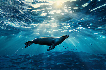 sea lion in the water - obrazy, fototapety, plakaty