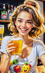 Cartoon of a funny blonde girl in a pub with apple juice and splashes everywhere.