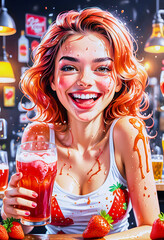 Cartoon of a funny blonde girl in a pub with strawberry juice and splashes everywhere.