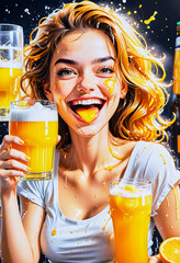 Cartoon of a funny blonde girl in a pub with orange juice and splashes everywhere.
