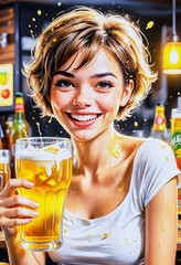 Cartoon of a funny blonde girl in a pub with a glass of soda and splashes everywhere.
