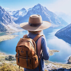 Woman on her back with a hat and backpack watching the landscape of a lake from the top of a mountain.