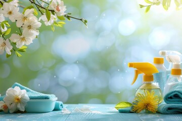 Spring cleaning supplies for housecleaning, hygiene, and organizing household chores
