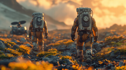 Two astronauts in spacesuits walk toward research station, colony or scientific base on Mars. AI powered rover rides in the background. Space mission. Futuristic colonization and exploration concept. - obrazy, fototapety, plakaty