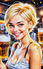 Cartoon of a funny blonde girl in a pub with a beer jar and splashes everywhere.