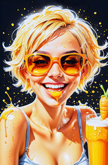 Cartoon of a funny blonde girl with sunglasses and with carrot juice and splashes everywhere.