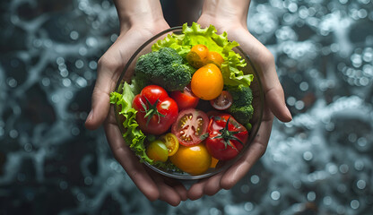 Hands holding vegetables in bowl.
