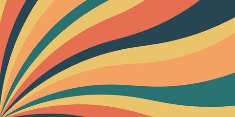 Retro background with curved beams or stripes from the 60s, 70s, 80s. Rotating spiral stripes. Colorful retro wave striped vintage sun flare. Vector illustration