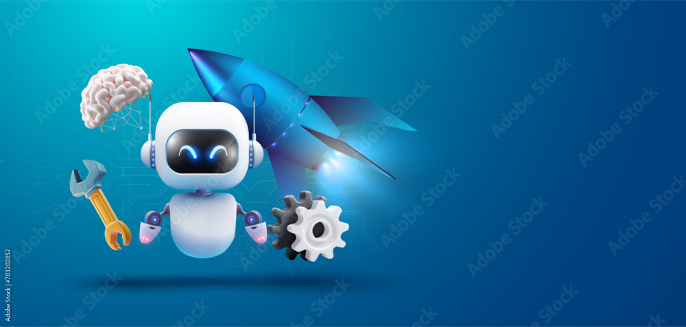 Poster innovative ai robot with brain, rocket: vision of future technology. whimsical portrayal of ai with 