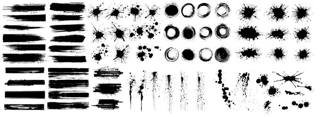 Ink splashes. Black inked splatter dirt stain splattered spray splash with drops blots isolated. Ink splashes stencil. - obrazy, fototapety, plakaty