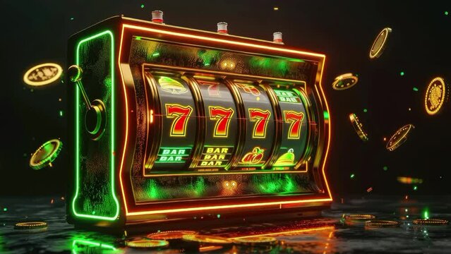 A slot machine with a green and red background and a green and red slot  machine. There are many coins scattered around the machine