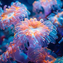 Naklejka na ściany i meble Enchanting Underwater World of Glowing Coral Flowers and Diverse Marine Life