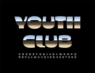 Vector modern Emblem Youth Club. Cool Silver Font. Trendy Metallic Alphabet Letters and Numbers set.