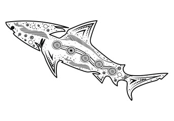 Shark illustration with hand drawn Aboriginal art style