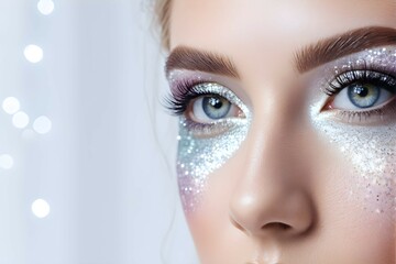 Fototapeta premium Woman's eyes closeup, sparkling silver shimmer, copy space, mockup