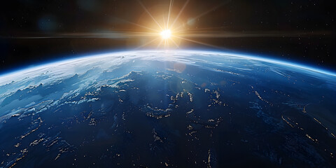 wide shot of the earth from space, blue horizon, black sky, bright sun in upper 